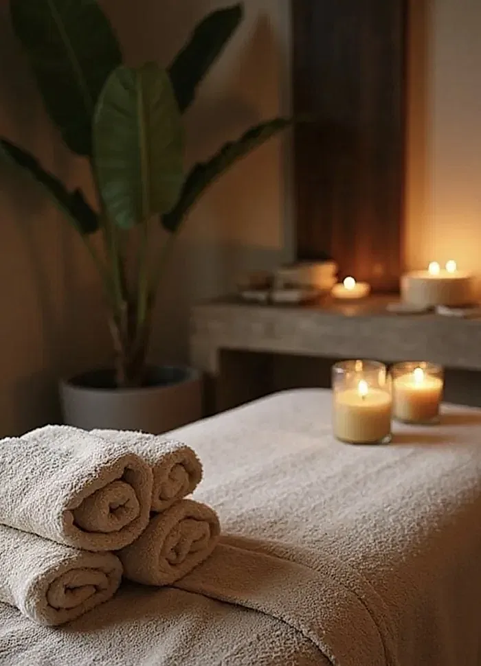 Camilla con velas encendidas en cabina de Spa Belgrano